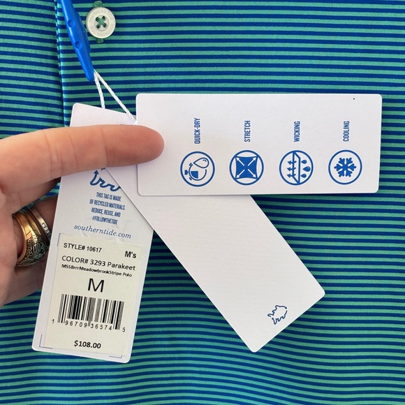 NWT Southern Tide Men's M Meadowbrook Stripe Polo in Parakeet w Pimento Cheese - Picture 6 of 15